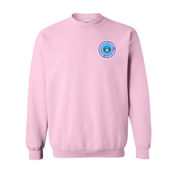 Light pink Birch Aquarium Axolotl Crew Sweatshirt with a circular logo on the left chest featuring an illustration of an axolotl.