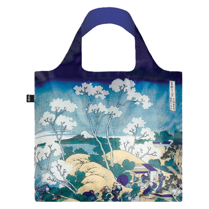 A Museum Katsushika Hokusai Fuji from Gotenyama Bag made from recycled material, featuring the ukiyo-e art of people enjoying cherry blossoms with Mount Fuji in the background.