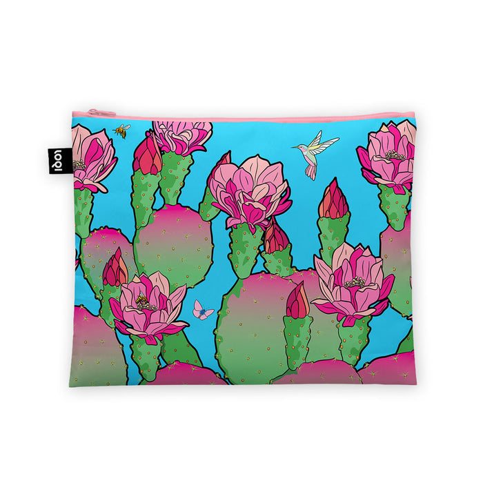 Desert Botanical Garden Superbloom Recycled Pouch featuring a pattern of prickly pear cacti with bright pink flowers, a hummingbird, and a small bee on a blue background.