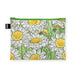 A flat, eco-friendly Desert Botanical Garden Superbloom Recycled Pouch featuring a pattern of yellow and white flowers with green cactus stalks.