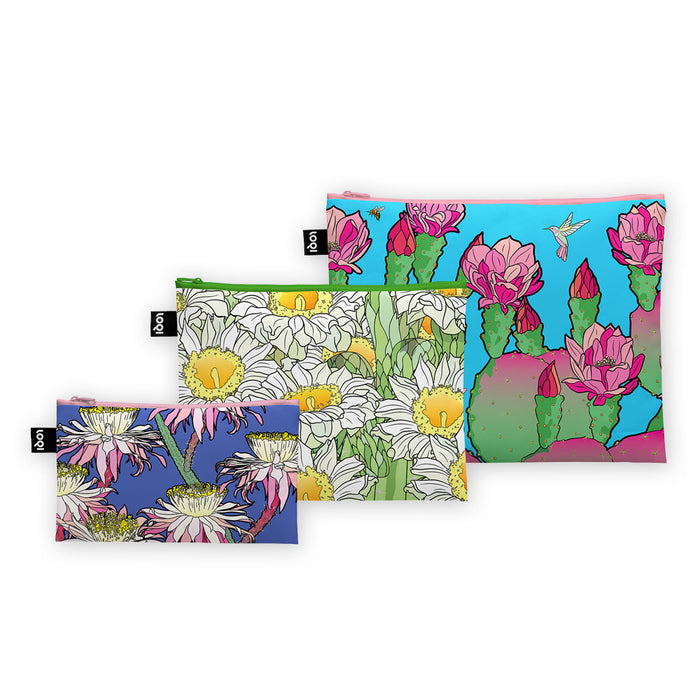 Desert Botanical Garden Superbloom Recycled Pouch Set featuring three eco-friendly zippered pouches of varying sizes with colorful cactus and wildflower illustrations.
