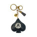 Introducing the Bling Ace of Spades Bag Charm—a gold keychain adorned with a sparkling black spade-shaped charm encrusted in rhinestones, a circle of white rhinestones featuring a bold letter A at its center, a gleaming gold bell, and a chic black tassel. This luxury bag accessory is the perfect way to add an elegant touch to any handbag while making a dazzling statement. Elevate your collection with this eye-catching Ace of Spades fashion bag charm!.