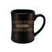 The United States Marine Corps Diner Mug is a patriotic black coffee cup with gold text in the center that reads “United States Marine Corps” and “Established 1775.”.