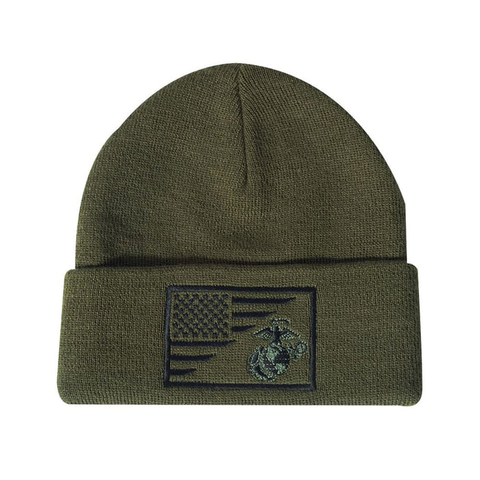 The United States Marine Corps Eagle Flag Beanie is an olive green knit hat with a folded cuff, featuring an embroidered patch of a waving American flag alongside the US Marine Corps emblem on the front—perfect for displaying your USMC pride in any weather.