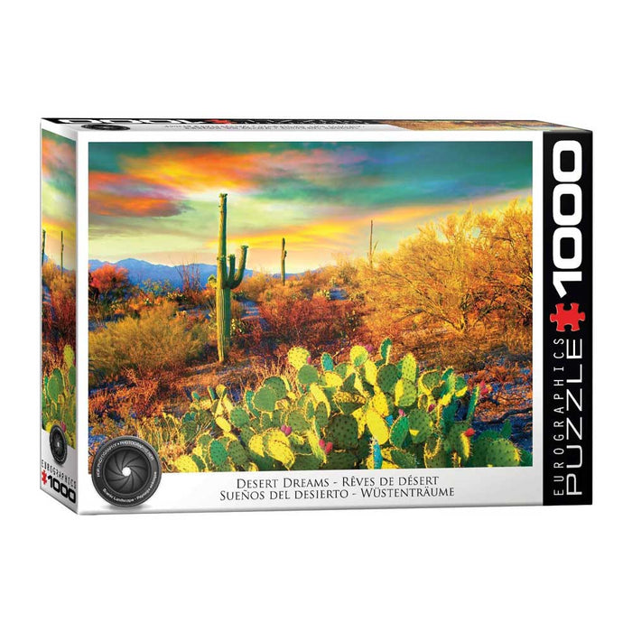 Desert Colors Saguaro Flowers 1000pc Puzzle featuring a sunset landscape with a saguaro cactus and flowering prickly pear cacti.