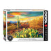 Desert Colors Saguaro Flowers 1000pc Puzzle featuring a sunset landscape with a saguaro cactus and flowering prickly pear cacti.