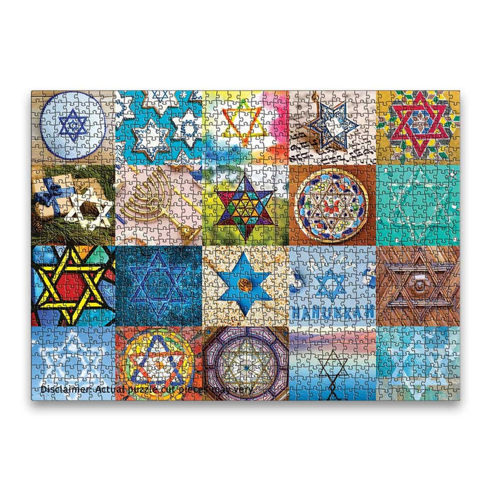 A completed Star of David Collage 1000 Piece Puzzle featuring a grid of 15 different artistic depictions and photographs of the Star of David.
