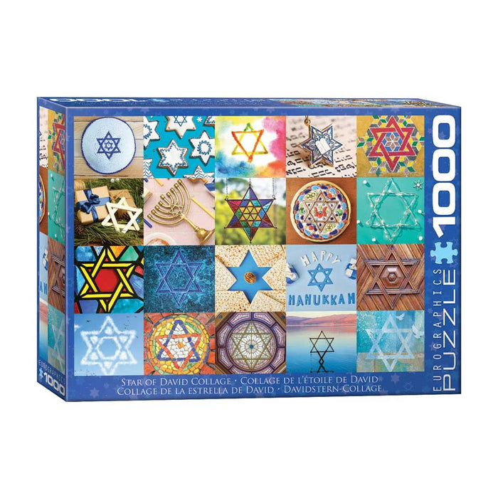 Star of David Collage 1000 Piece Puzzle featuring a collage of various Star of David designs and themes, including stained glass, holiday decorations, and artistic patterns.