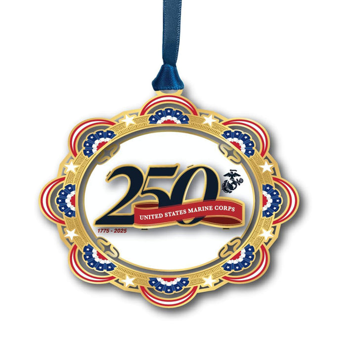 The United States Marine Corps 250th Ornament features a gold and red design with “250” in bold, a United States Marine Corps banner, and a blue ribbon. Crafted with 24-karat gold, it displays patriotic stars and stripes accents—making it the perfect USMC anniversary gift. The years “1775 - 2025” are displayed at the bottom.