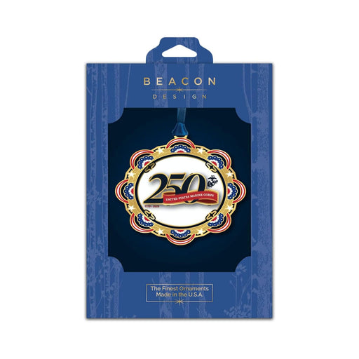 Celebrate the USMC anniversary with the United States Marine Corps 250th Ornament. This striking gold and red ornament features “250” and U.S. Marine Corps text and is finished in 24-karat gold. Packaged in a blue Beacon Design box adorned with stars, stripes, and patriotic motifs—emblazoned with “The Finest Ornaments Made in the U.S.A.”—this commemorative piece makes a perfect gift for honoring 250 years of Marine Corps history.