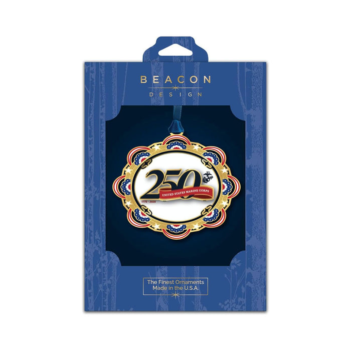 Celebrate the USMC anniversary with the United States Marine Corps 250th Ornament. This striking gold and red ornament features “250” and U.S. Marine Corps text and is finished in 24-karat gold. Packaged in a blue Beacon Design box adorned with stars, stripes, and patriotic motifs—emblazoned with “The Finest Ornaments Made in the U.S.A.”—this commemorative piece makes a perfect gift for honoring 250 years of Marine Corps history.