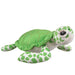 The Eco Pals Green Sea Turtle Small Plush, made from recycled materials, features a green-and-white patterned shell and flippers. It lies on its belly, facing slightly to the right.