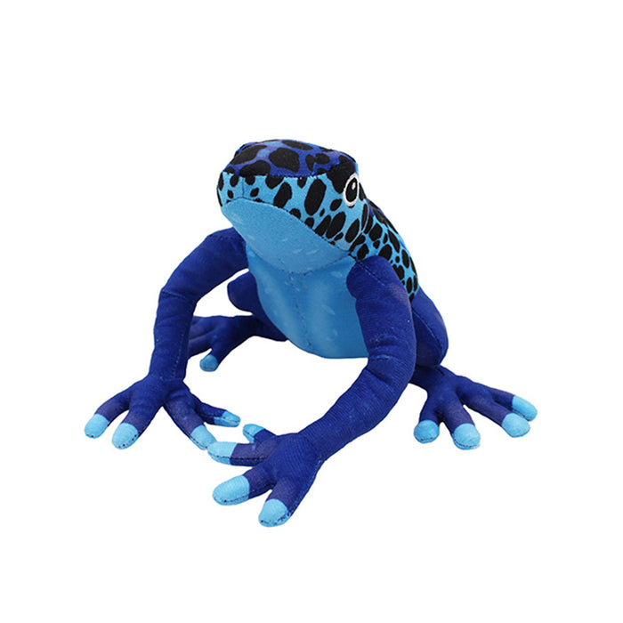 An Assorted Plush Poison Dart Frog featuring a blue body with dark blue spots, bright blue legs, and light blue toes, sitting upright against a white background.