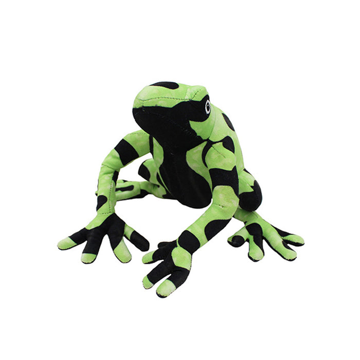An Assorted Plush Poison Dart Frog with vibrant green and black patterns and large limbs sits on a white background.
