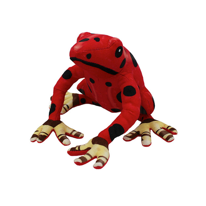An Assorted Plush Poison Dart Frogs toy in red, featuring black spots and beige feet with red and brown markings, shown sitting on a white background.