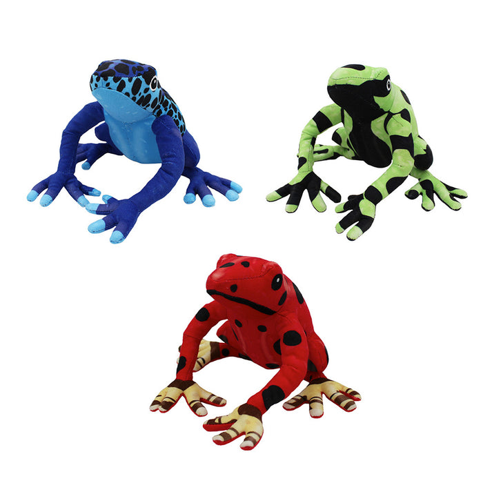 Three plush toy frogs from the Discovery Place Poison Dart Frog Adoption Kit—one blue with black spots, one green with black stripes, and one red with black spots—are positioned as if crawling on a white background, each inspired by the vibrant Poison Dart Frog species found in rainforests.