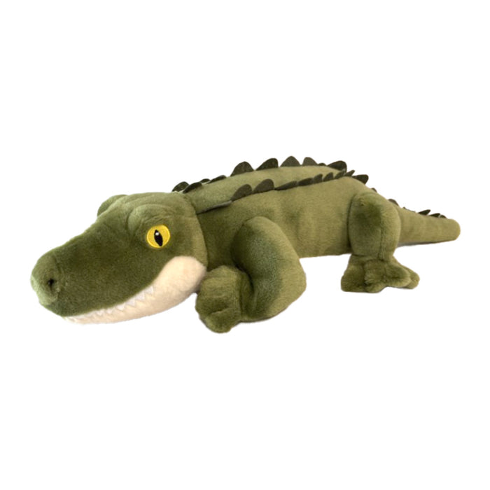The Eco Green Alligator Plush is a green plush toy featuring yellow eyes, a row of dark spikes along its back, and a white underside. Made from recycled materials, it is shown lying flat on a white background.