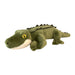 The Eco Green Alligator Plush is a green plush toy featuring yellow eyes, a row of dark spikes along its back, and a white underside. Made from recycled materials, it is shown lying flat on a white background.