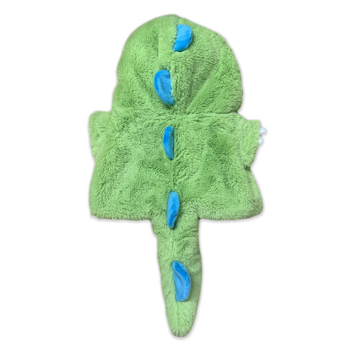 The Plushy's Closet Dino Costume is an eco-friendly green outfit with a hood, tail, and blue oval spikes along the back. Made from soft 12" plush, it's shown on a white background.