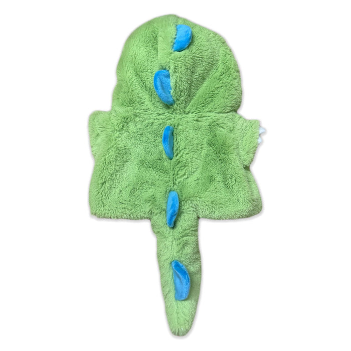 The Plushy's Closet Dino Costume is an eco-friendly green outfit with a hood, tail, and blue oval spikes along the back. Made from soft 12" plush, it's shown on a white background.