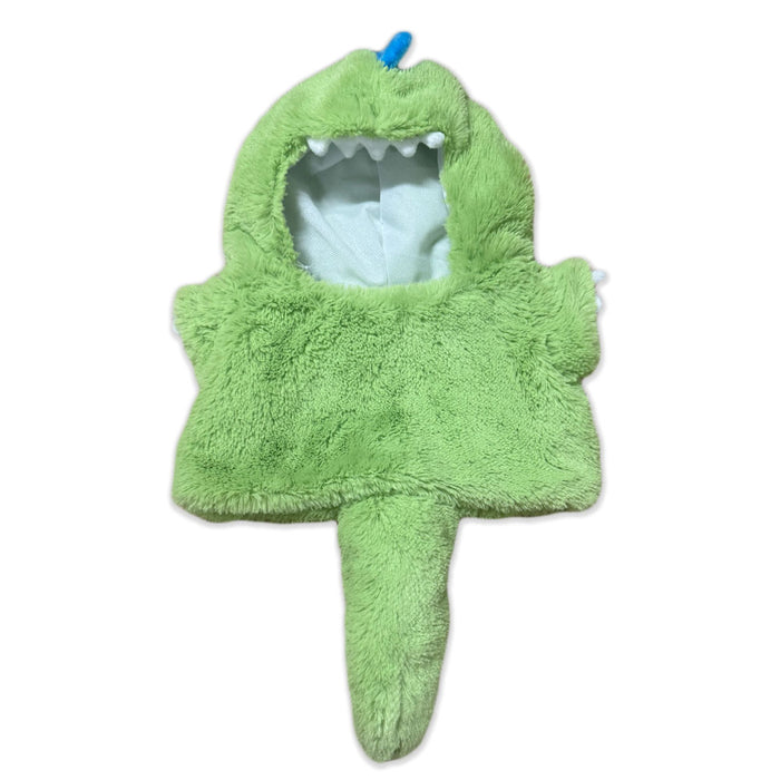 The Plushy's Closet Dino Costume is a soft, green 12" plush dinosaur outfit with a blue spike on top, white felt teeth around the hood, and a stuffed tail, displayed flat on a white background.