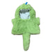 The Plushy's Closet Dino Costume is a soft, green 12" plush dinosaur outfit with a blue spike on top, white felt teeth around the hood, and a stuffed tail, displayed flat on a white background.