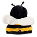 A fuzzy hood designed to look like a bumblebee, featuring black and yellow stripes, two white wings on the back, and two black antennae on top.