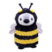 A plush toy resembling a penguin dressed in a fuzzy black and yellow striped bee costume, with small wings and antennae, set against a white background.