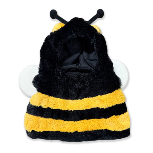 A fuzzy hooded costume resembling a bee, with black and yellow stripes, black antennae on top, and white wings on the sides. The interior of the hood is black.