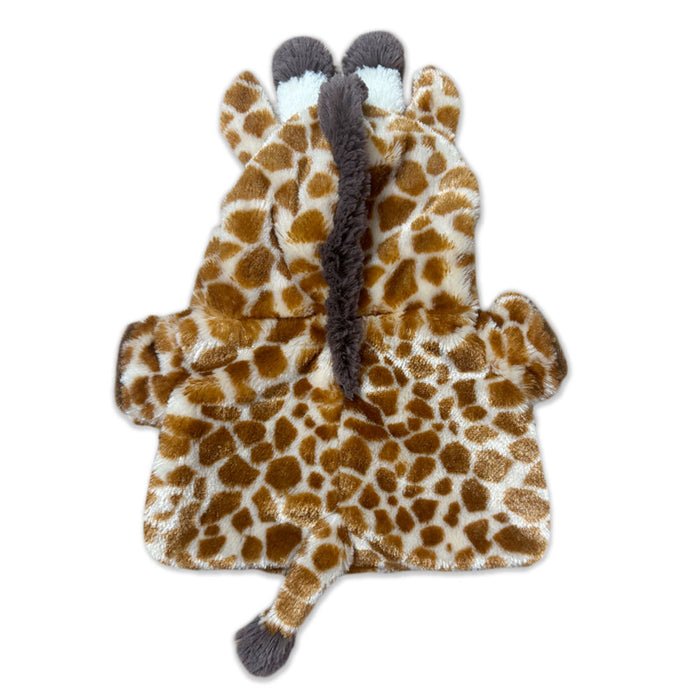 The Plushy's Closet Giraffe Costume is a plush, brown and white giraffe-print hooded jacket with a mane, ears, horns, and tail—perfect for cozy dress-up—shown laid flat on a white background.