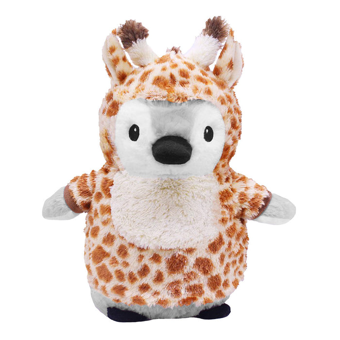 A plush penguin wears the Plushy's Closet Giraffe Costume: a soft, eco-friendly brown and cream outfit with giraffe spots, small horns, and ears. Its face and wings peek out from the cute animal-themed plush clothes.