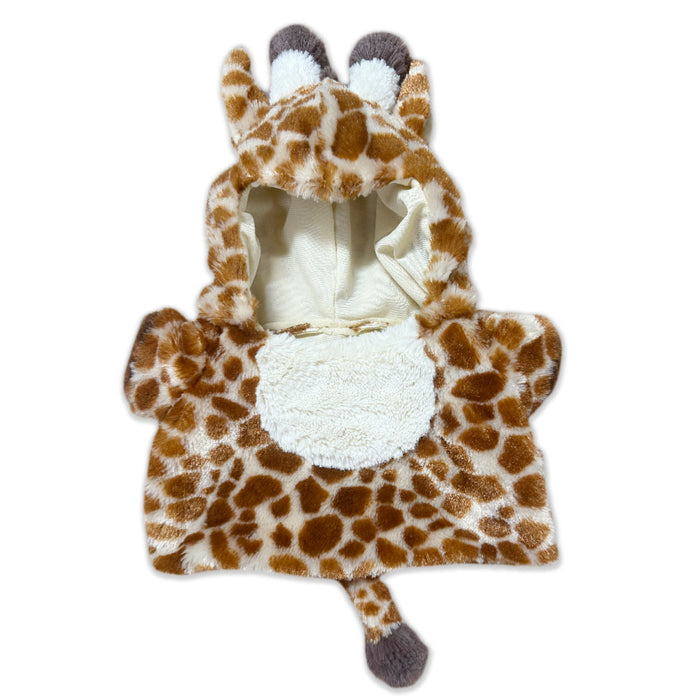 The Plushy's Closet Giraffe Costume is an eco-friendly, soft hooded cape for kids with a brown-and-white giraffe pattern, plush horns and ears, a white belly patch, and a tufted tail.