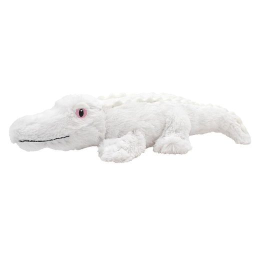 The Eco Plush White Alligator is a soft, fluffy stuffed animal crafted from recycled fabric. Lying on its stomach and facing left, this plush toy features pink eyes and a stitched black mouth, creating a friendly and cute look as an eco-friendly stuffed animal.