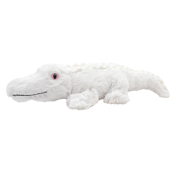 The Eco Plush White Alligator is a soft, fluffy stuffed animal crafted from recycled fabric. Lying on its stomach and facing left, this plush toy features pink eyes and a stitched black mouth, creating a friendly and cute look as an eco-friendly stuffed animal.