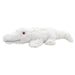 The Eco Plush White Alligator is a soft, fluffy stuffed animal crafted from recycled fabric. Lying on its stomach and facing left, this plush toy features pink eyes and a stitched black mouth, creating a friendly and cute look as an eco-friendly stuffed animal.