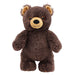 A plush brown teddy bear with tan accents on its ears, snout, and paw pads, standing upright and smiling, isolated on a white background.