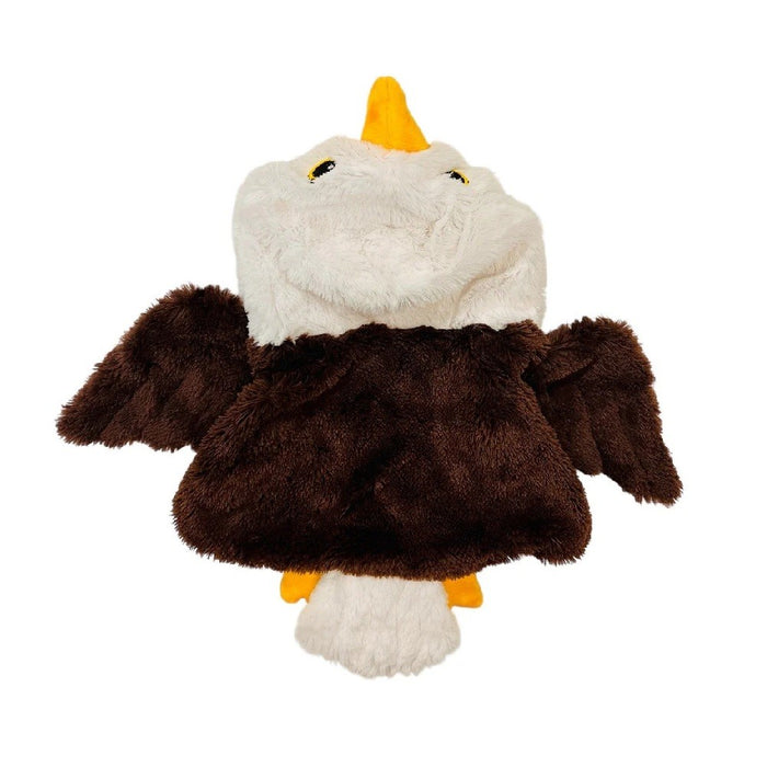 The Plushy's Closet Eagle Costume features a white head, yellow beak, brown wings, and a fluffy brown body. Lays flat with wings spread—ideal for imaginative play or as an eco-friendly gift.