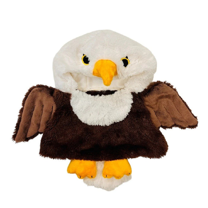 The Plushy's Closet Eagle Costume is a soft, child-friendly hand puppet featuring a white head, yellow beak and feet, and brown wings—perfect for imaginative play.