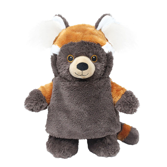 Plushy's Closet Red Panda Costume features brown and orange fur, round ears with white tufts, a striped tail, and a smiling face. This eco-friendly plush stands upright against a white background, making it an adorable wildlife gift.