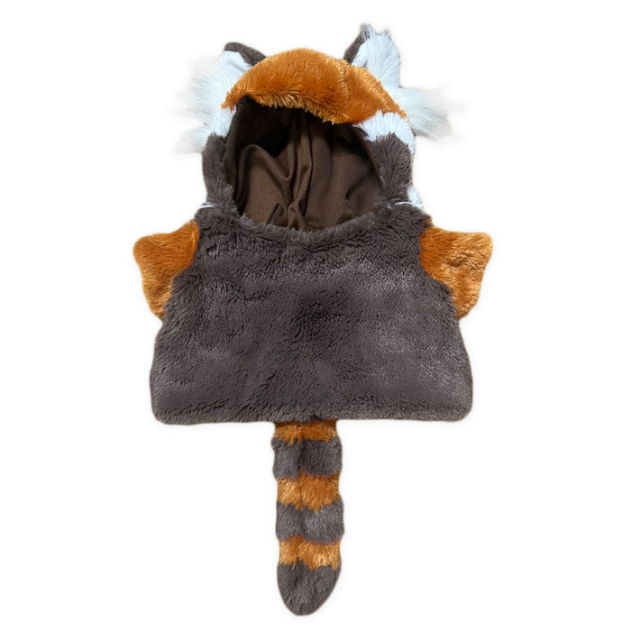 The Plushy's Closet Red Panda Costume is a soft, eco-friendly hooded outfit with brown, orange, black, and white plush fur, pointed ears, and a striped tail—perfect as a unique wildlife-themed gift.