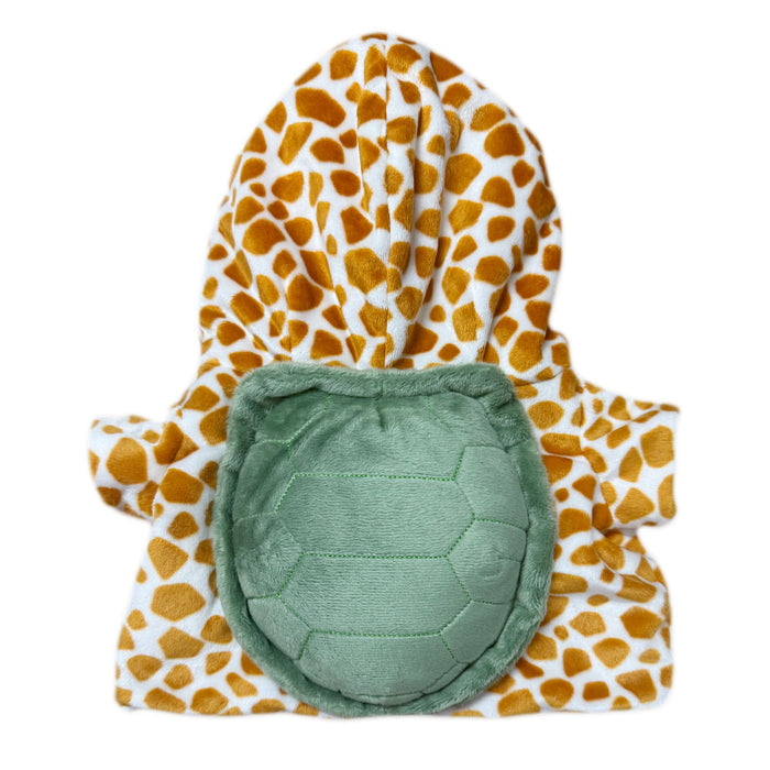 The Plushy's Closet Sea Turtle Costume is an eco-friendly plush hoodie with giraffe spots and a soft green turtle shell on the back, shown on a white background.