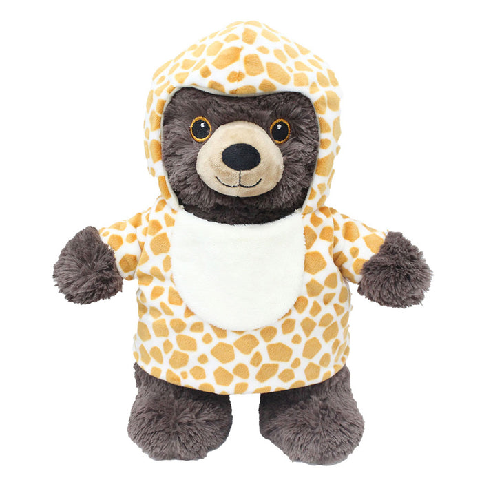 A plush dark brown bear crafted from sustainable materials, wearing the Plushy's Closet Sea Turtle Costume, stands upright and faces forward.
