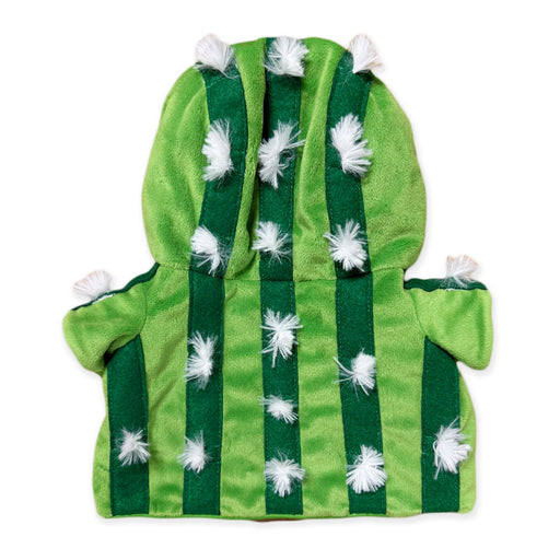 The Plushy's Closet Cactus Costume is a bright and dark green striped hoodie with white spine-like tufts and a hood, shown flat on a white background—ideal for plush toy accessories or eco-friendly plush collections.