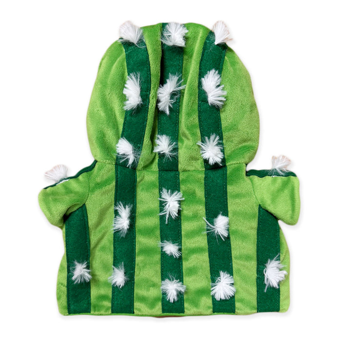 The Plushy's Closet Cactus Costume is a bright and dark green striped hoodie with white spine-like tufts and a hood, shown flat on a white background—ideal for plush toy accessories or eco-friendly plush collections.