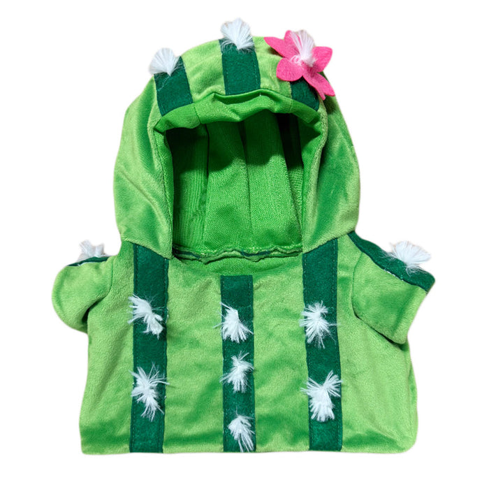 Plushy's Closet Cactus Costume: a green hooded dog outfit with dark stripes, white cactus-like tufts, and a pink flower on the hood—adorable, eco-friendly, and great to pair with plush toy accessories.