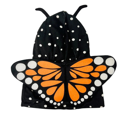 The Plushy's Closet Butterfly Costume is a black hooded cape with white polka dots, attached orange and white monarch wings, and features two black antennae on the hood.