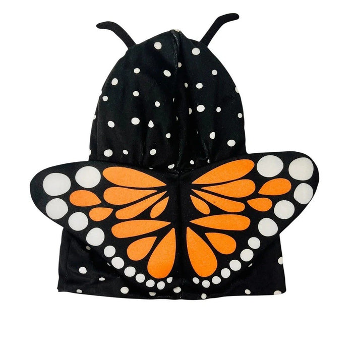 The Plushy's Closet Butterfly Costume is a black hooded cape with white polka dots, attached orange and white monarch wings, and features two black antennae on the hood.