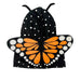 The Plushy's Closet Butterfly Costume is a black hooded cape with white polka dots, attached orange and white monarch wings, and features two black antennae on the hood.