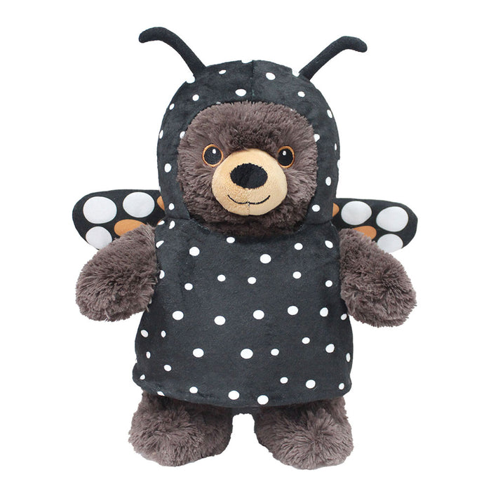 A plush teddy bear dressed in Plushy's Closet Butterfly Costume featuring black fabric with white polka dots, antennae, and ladybug-like wings.