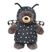 A plush teddy bear dressed in Plushy's Closet Butterfly Costume featuring black fabric with white polka dots, antennae, and ladybug-like wings.